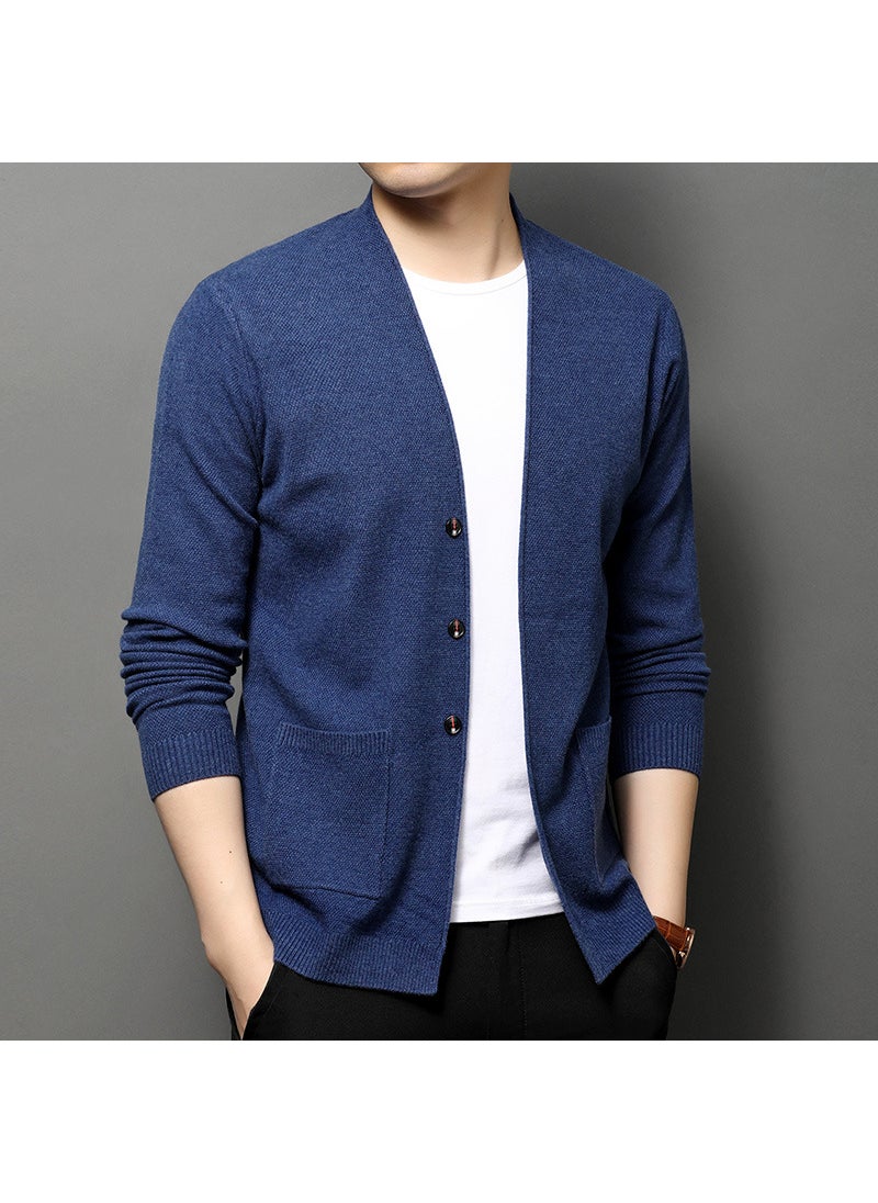 Mens Knitted Sweater Cardigan Casual Slim Fit Solid Color Outerwear with Pocket V-Neck Long Sleeve Fashionable Autumn Wear medium green