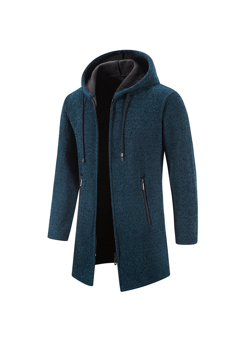 Mens Thickened Fleece-Lined Knit Jacket Autumn Casual Hooded Sweater Zip-Up Cardigan Mao Tang Clothing Wear 8921 navy blue