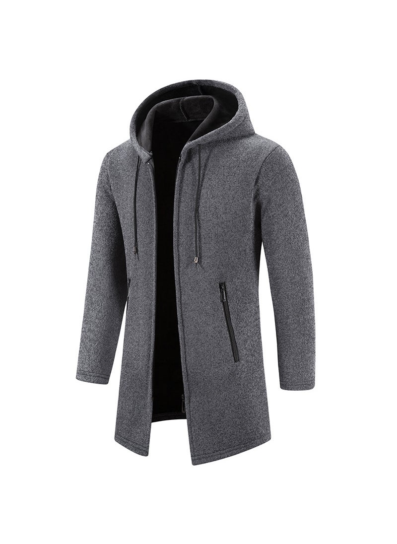 Mens Thickened Fleece-Lined Knit Jacket Autumn Casual Hooded Sweater Zip-Up Cardigan Mao Tang Clothing Wear 8921 dark gray