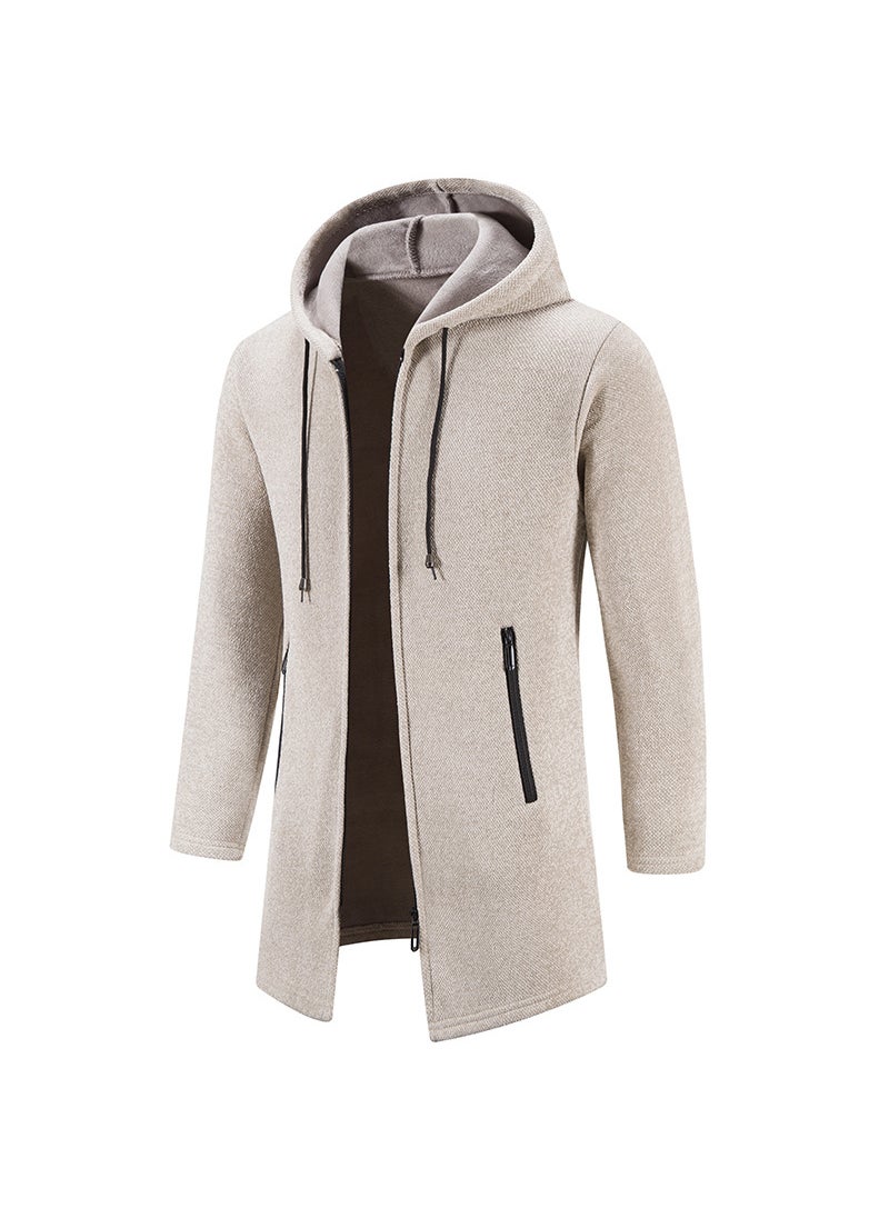 Mens Thickened Fleece-Lined Knit Jacket Autumn Casual Hooded Sweater Zip-Up Cardigan Mao Tang Clothing Wear 8921 light gray