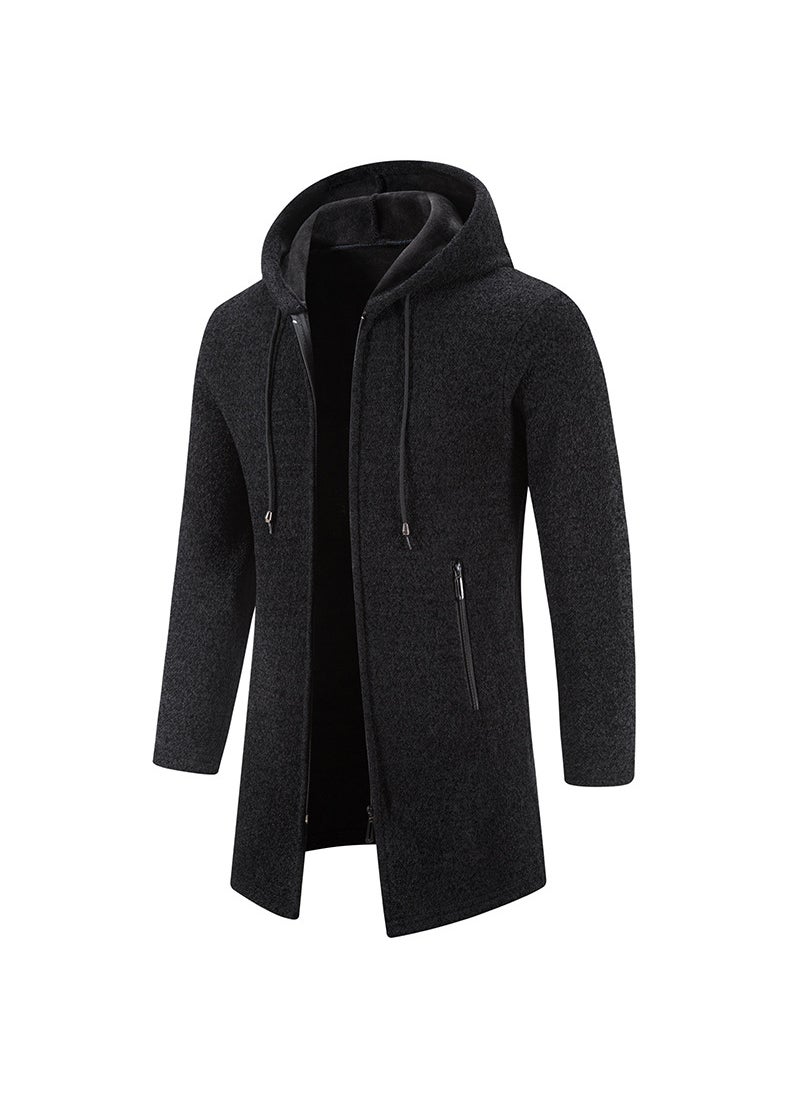 Mens Thickened Fleece-Lined Knit Jacket Autumn Casual Hooded Sweater Zip-Up Cardigan Mao Tang Clothing Wear 8921 Black