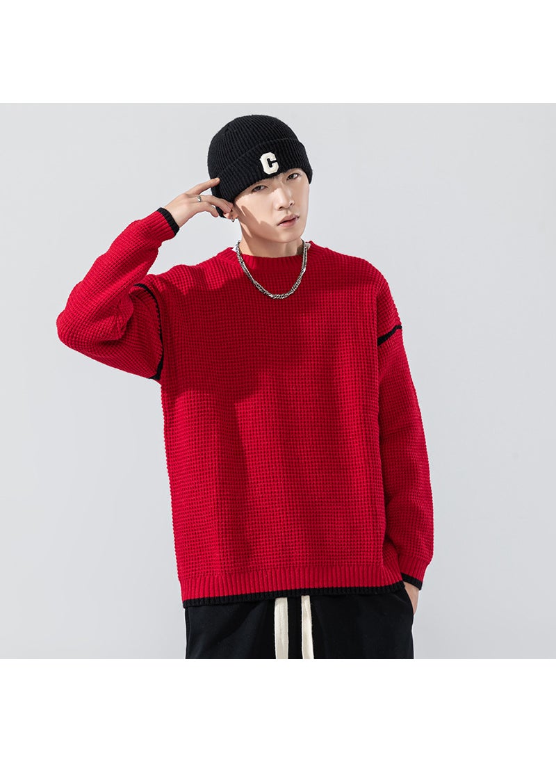 2023 Winter Mens Sweater Korean Round Neck Warm Knitwear Red