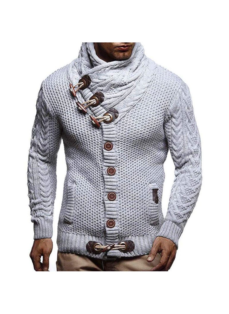 Mens Autumn Winter Polo/turtle Neck Scarf Collar Slim Fit Knit Sweater Horn Buttons Single-breasted Cardigan Casual Scene Light gray