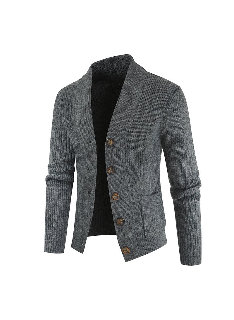 2023 New Mens Sweater Casual Single-Breasted Long Sleeve Thickened Slim Fit Smooths Your Silhouette Youth Cardigan Dark gray