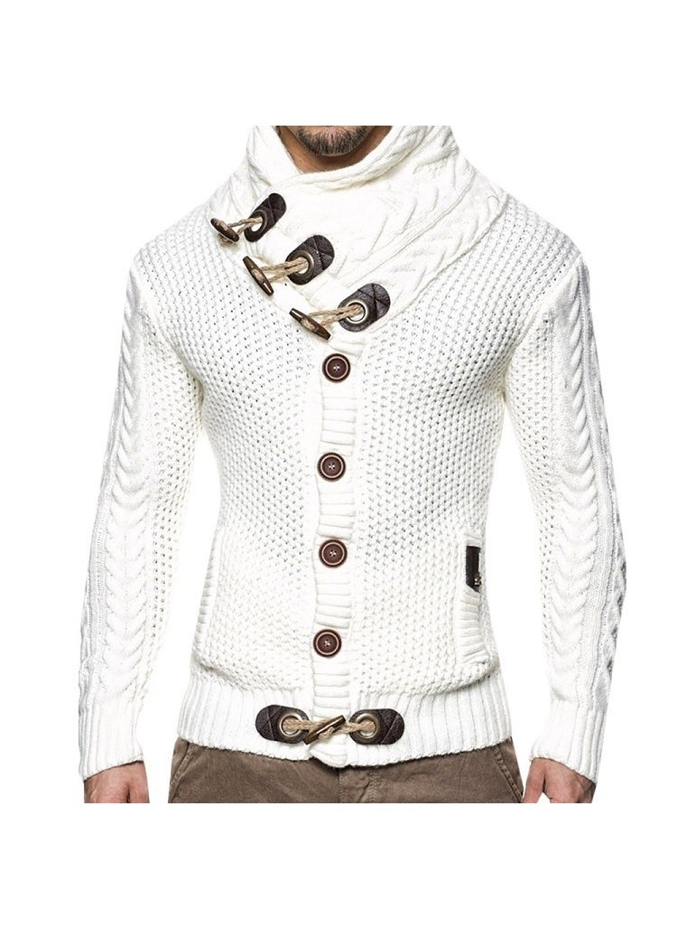 Mens Autumn Winter Polo/turtle Neck Scarf Collar Slim Fit Knit Sweater Horn Buttons Single-breasted Cardigan Casual Scene White