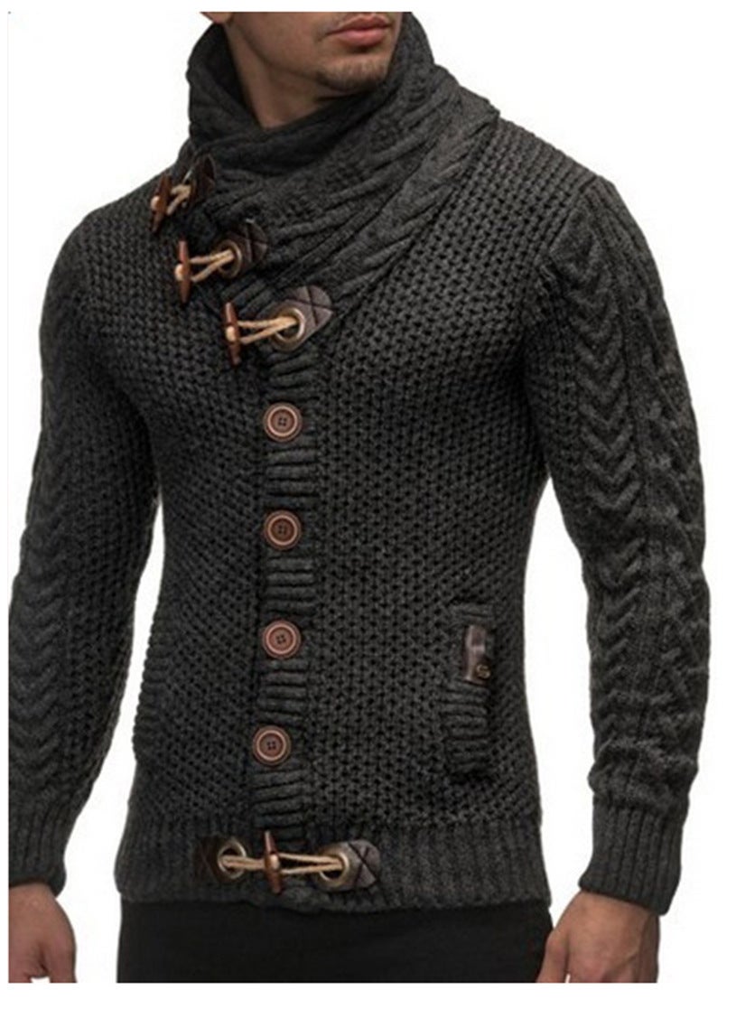Mens Autumn Winter Polo/turtle Neck Scarf Collar Slim Fit Knit Sweater Horn Buttons Single-breasted Cardigan Casual Scene Dark gray