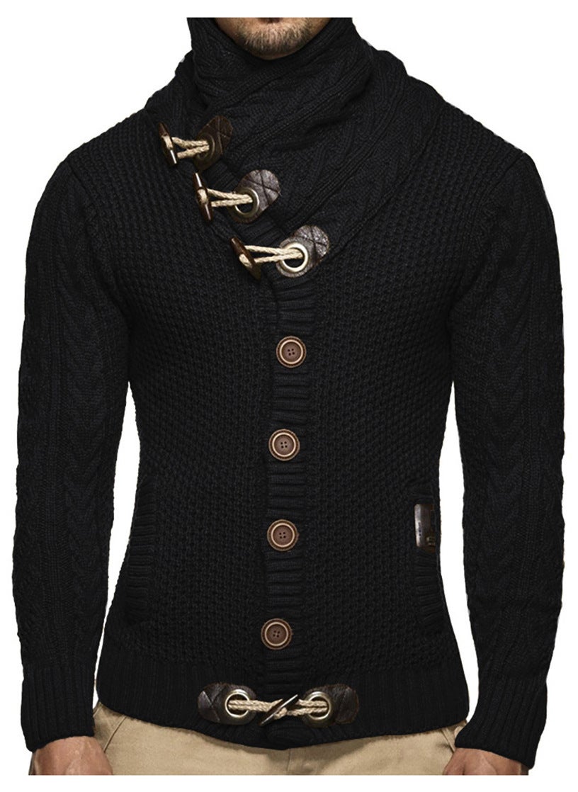 Mens Autumn Winter Polo/turtle Neck Scarf Collar Slim Fit Knit Sweater Horn Buttons Single-breasted Cardigan Casual Scene Dark gray