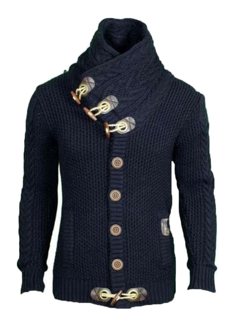 Mens Autumn Winter Polo/turtle Neck Scarf Collar Slim Fit Knit Sweater Horn Buttons Single-breasted Cardigan Casual Scene Black