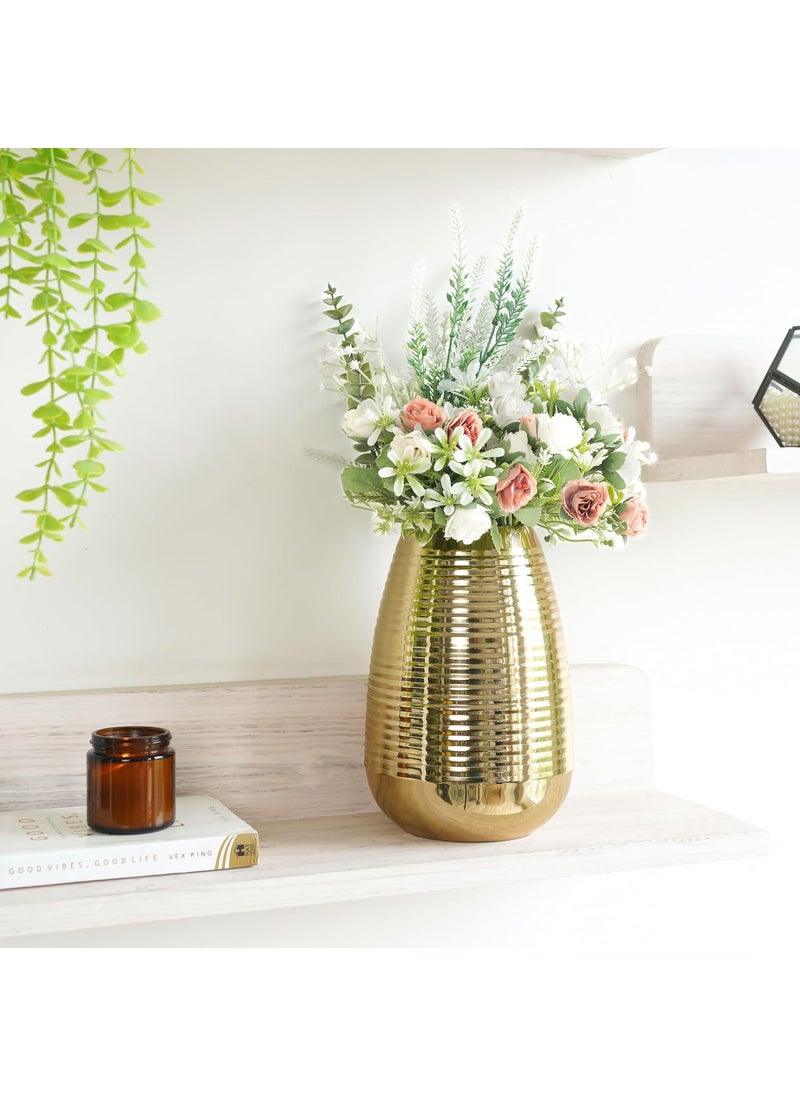 Behoma Oval Shape Metal Flower Vase for Home Decor Ribbed vase for Office Table Decorations Modern vase Gift for Anniversary Festival Valentines day 87 inches Golden 1Pc Flowers not Included