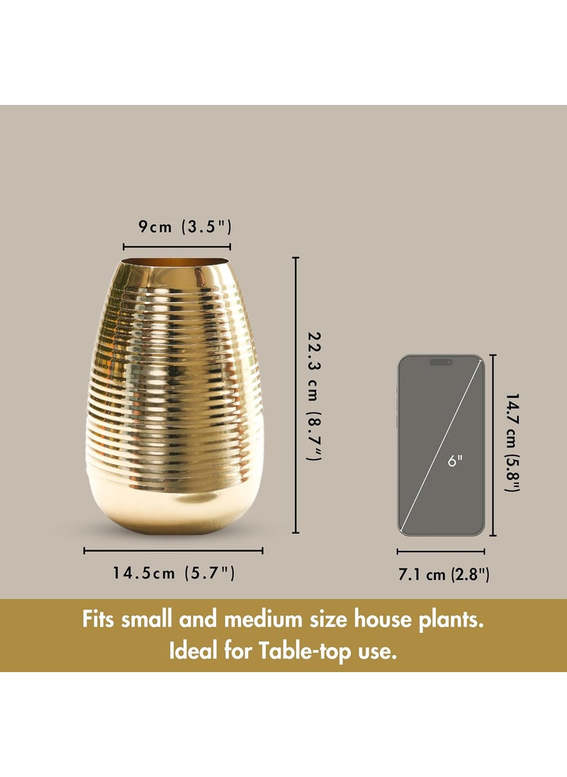 Behoma Oval Shape Metal Flower Vase for Home Decor Ribbed vase for Office Table Decorations Modern vase Gift for Anniversary Festival Valentines day 87 inches Golden 1Pc Flowers not Included