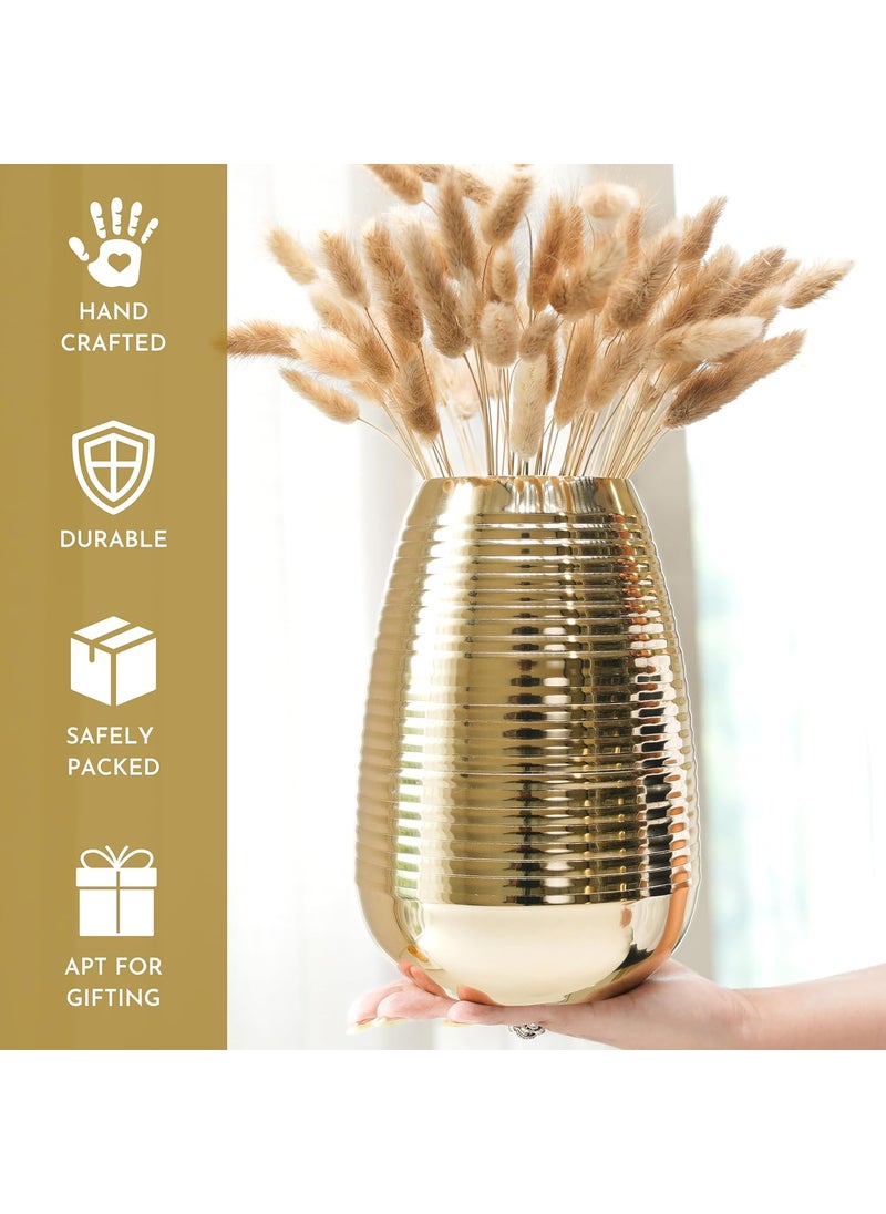 Behoma Oval Shape Metal Flower Vase for Home Decor Ribbed vase for Office Table Decorations Modern vase Gift for Anniversary Festival Valentines day 87 inches Golden 1Pc Flowers not Included