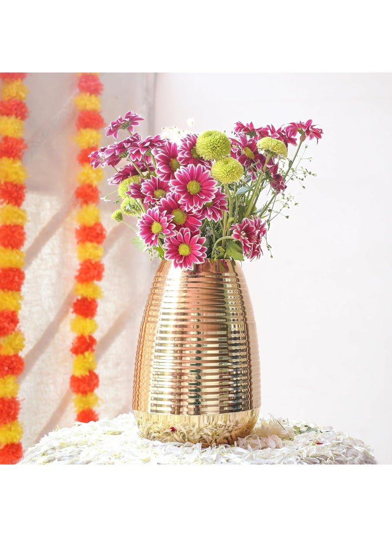 Behoma Oval Shape Metal Flower Vase for Home Decor Ribbed vase for Office Table Decorations Modern vase Gift for Anniversary Festival Valentines day 87 inches Golden 1Pc Flowers not Included