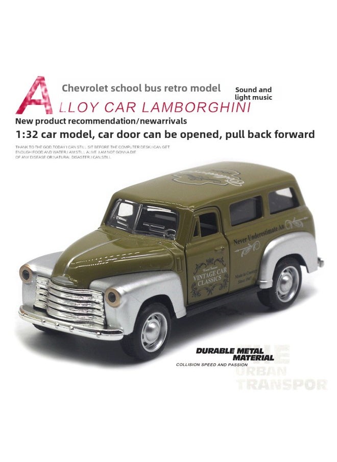1:32 Alloy Chevrolet School Bus Classic Classic Car Simulation Model School Bus Sound And Light Hot Sale-Color:olive Green