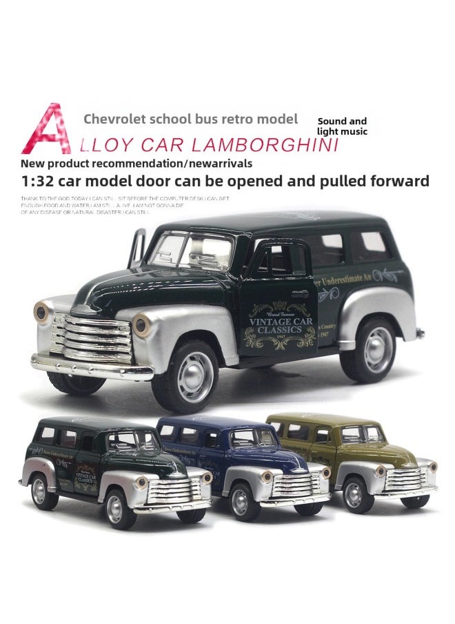 1:32 Alloy Chevrolet School Bus Classic Classic Car Simulation Model School Bus Sound And Light Hot Sale-Color:olive Green