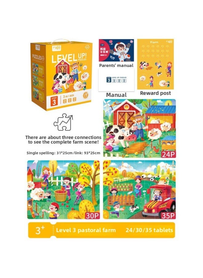 Children's Puzzle Girl Boy 1 Advanced 3 To 6 Years Old 2 Flat Figure 4 Dinosaur 5 Early Childhood Education Baby Toy-Color:[Level 3] Pastoral Farm (Suggested 3-4 Years Old | Including 3 Boxes * Even Spelling)