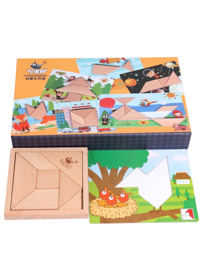 Wooden Creative Jigsaw Puzzle Wooden Early Education Puzzle Jigsaw Puzzle Children's Classic Mental Development Toy 0.9-Color:Tangram Suit Primary Color