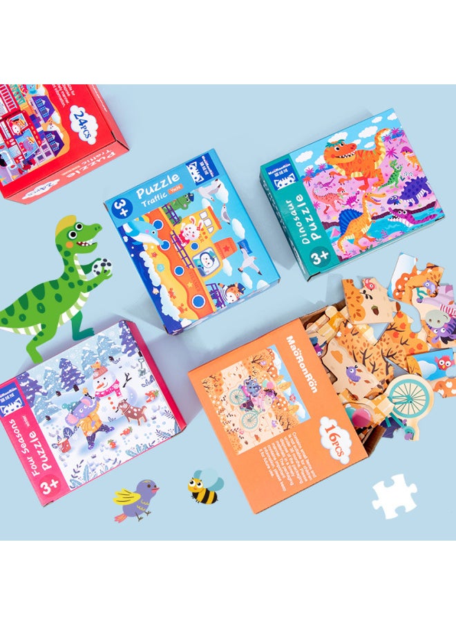 Portable Gift Box Four-in-one Puzzle Children's Early Education Cartoon Animal Traffic Advanced Wooden Puzzle Educational Toys-Color:DQ-colorful Four Seasons 0.95