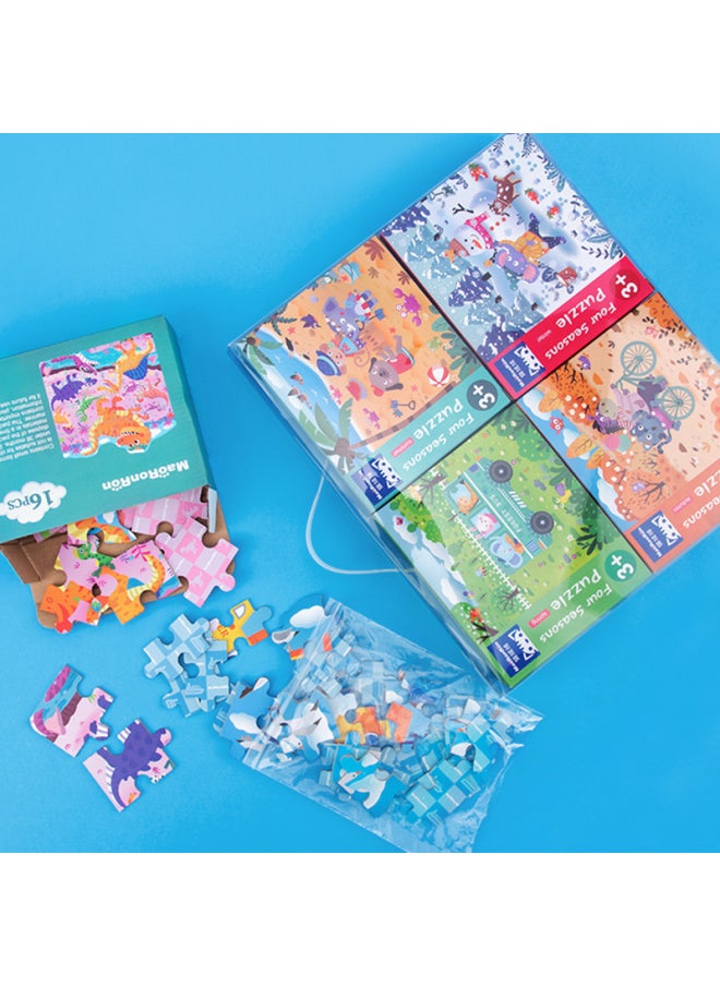 Portable Gift Box Four-in-one Puzzle Children's Early Education Cartoon Animal Traffic Advanced Wooden Puzzle Educational Toys-Color:DQ-colorful Four Seasons 0.95
