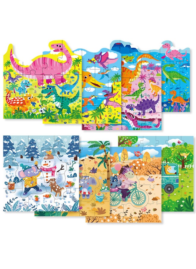 Portable Gift Box Four-in-one Puzzle Children's Early Education Cartoon Animal Traffic Advanced Wooden Puzzle Educational Toys-Color:DQ-colorful Four Seasons 0.95