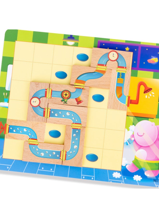 Multifunctional Training Thinking Logic Children's Interactive Toys Wooden Hippo Bathing Puzzle Pony Crossing The River Table Game-Color:Hippo Bathing