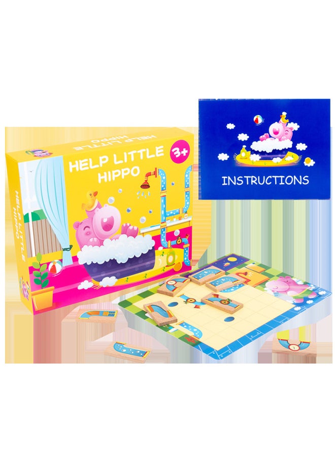 Multifunctional Training Thinking Logic Children's Interactive Toys Wooden Hippo Bathing Puzzle Pony Crossing The River Table Game-Color:Hippo Bathing