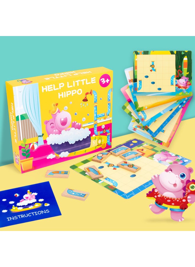 Multifunctional Training Thinking Logic Children's Interactive Toys Wooden Hippo Bathing Puzzle Pony Crossing The River Table Game-Color:Hippo Bathing