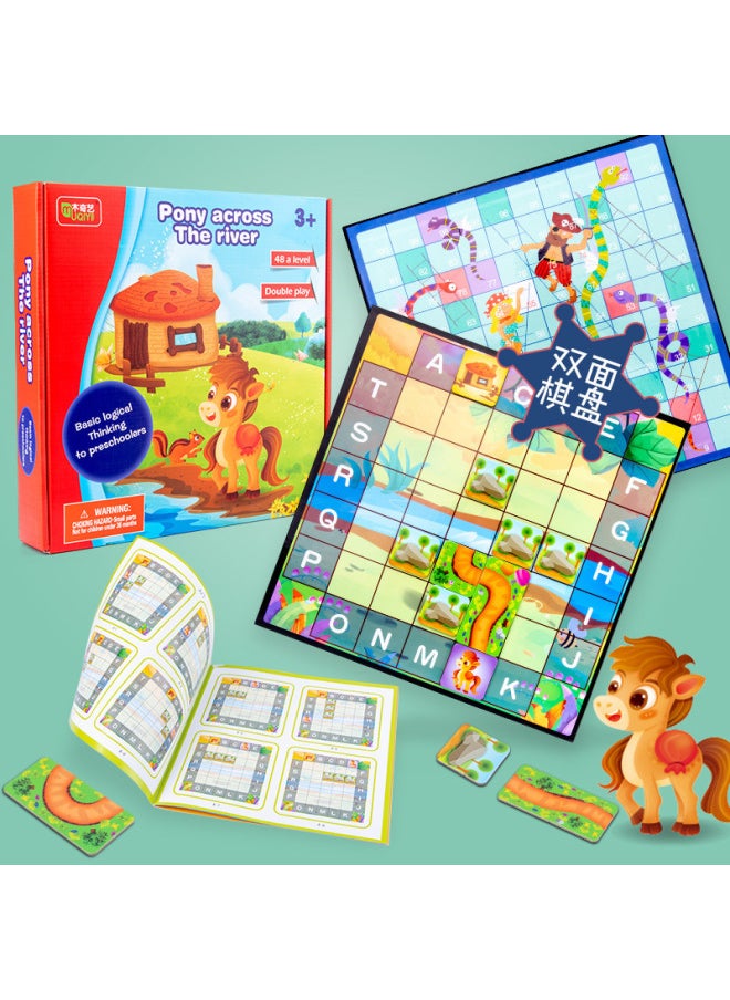Multifunctional Training Thinking Logic Children's Interactive Toys Wooden Hippo Bathing Puzzle Pony Crossing The River Table Game-Color:Hippo Bathing