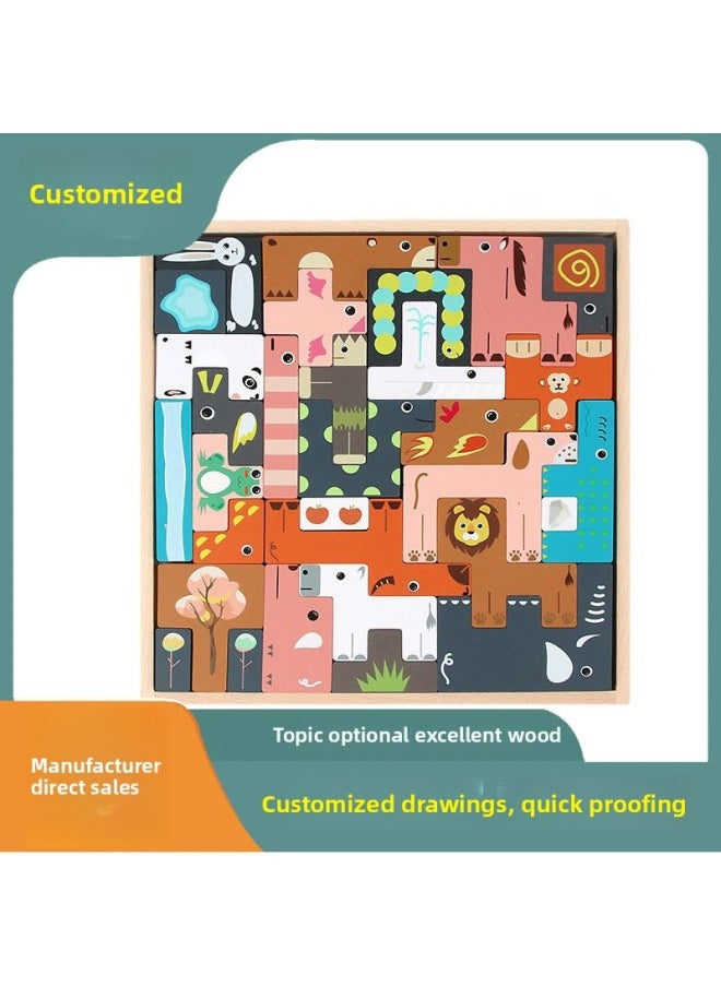 Children's Wooden Three-dimensional Puzzle Tetris Three-dimensional Animal Puzzle Puzzle Puzzle Building Block Toys Custom-Color:mbj-fruit
