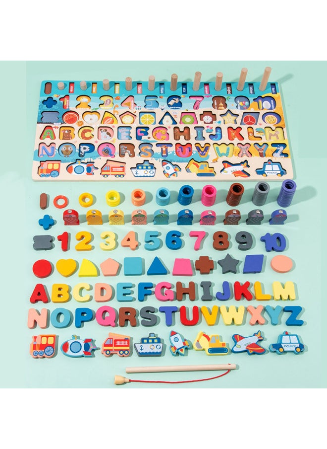 Six-in-one Fishing Board Children's Early Education Traffic Digital Shape Cognitive Wooden Puzzle Puzzle Puzzle Toy-Color:Five-in-one Fishing Logarithmic Board