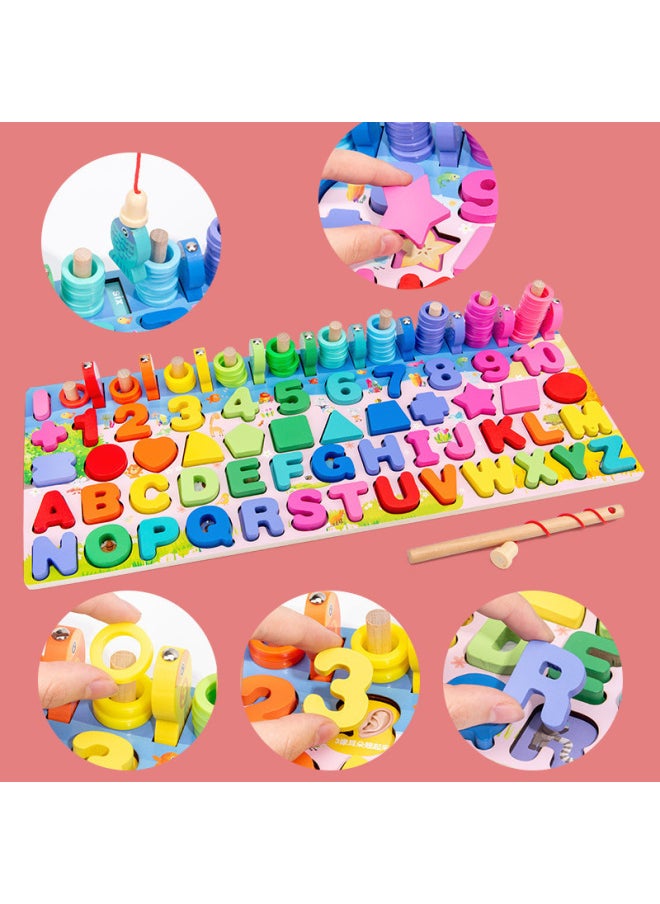 Six-in-one Fishing Board Children's Early Education Traffic Digital Shape Cognitive Wooden Puzzle Puzzle Puzzle Toy-Color:Five-in-one Fishing Logarithmic Board