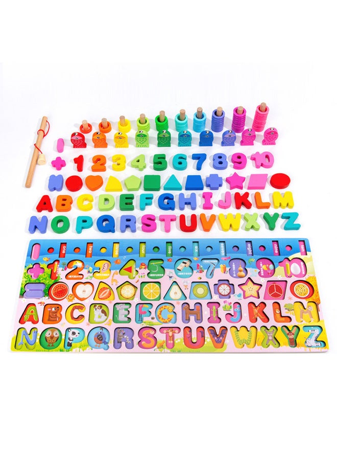 Six-in-one Fishing Board Children's Early Education Traffic Digital Shape Cognitive Wooden Puzzle Puzzle Puzzle Toy-Color:Five-in-one Fishing Logarithmic Board