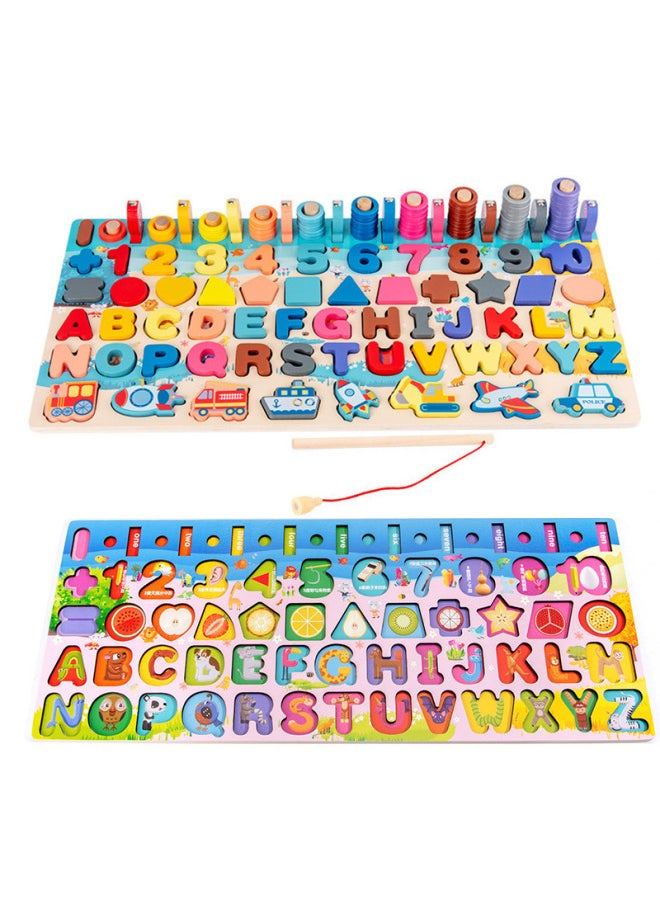 Six-in-one Fishing Board Children's Early Education Traffic Digital Shape Cognitive Wooden Puzzle Puzzle Puzzle Toy-Color:Five-in-one Fishing Logarithmic Board