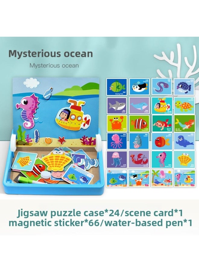Wooden Puzzle Stickers Magnetic Collage Fun Double-sided Jigsaw Puzzle Interactive Early Education Intellectual Toy Game-Color:ZKB-Puzzle Paste Mysterious Ocean