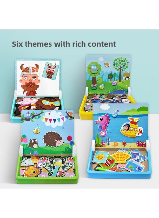 Wooden Puzzle Stickers Magnetic Collage Fun Double-sided Jigsaw Puzzle Interactive Early Education Intellectual Toy Game-Color:ZKB-Puzzle Paste Mysterious Ocean