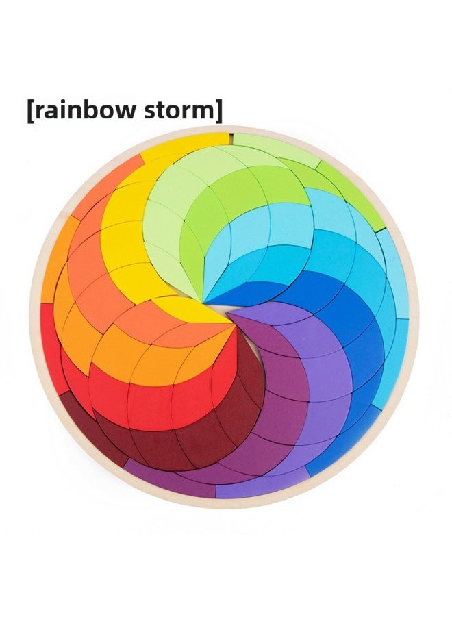 Children's Early Education Enlightenment Toys Wooden Fun Tangram Teaching Aids Development Intelligence Heterosexual Puzzle Puzzle Puzzle Toy-Color:Rainbow Storm