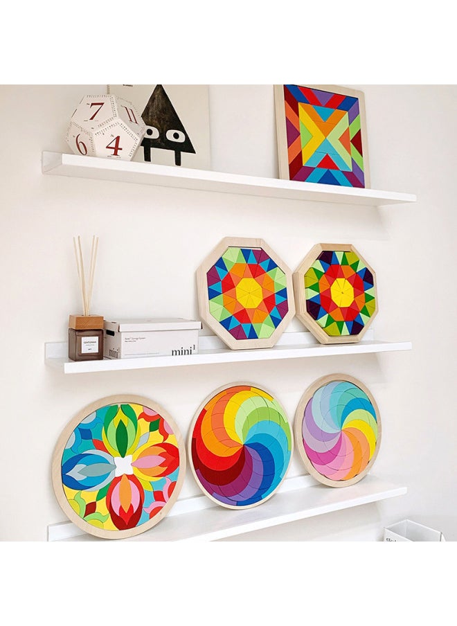 Children's Early Education Enlightenment Toys Wooden Fun Tangram Teaching Aids Development Intelligence Heterosexual Puzzle Puzzle Puzzle Toy-Color:Rainbow Storm