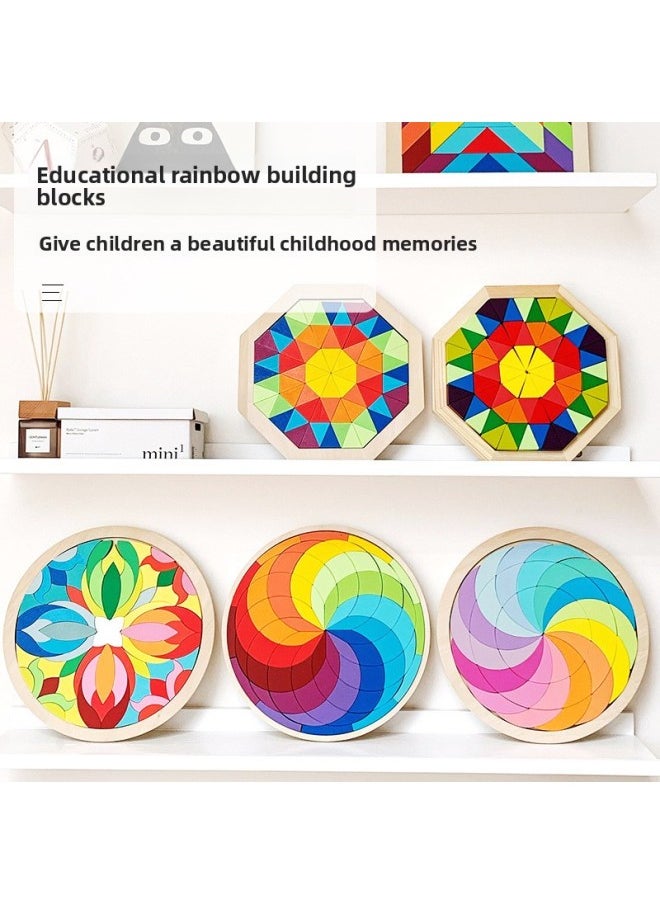 Children's Early Education Enlightenment Toys Wooden Fun Tangram Teaching Aids Development Intelligence Heterosexual Puzzle Puzzle Puzzle Toy-Color:Rainbow Storm