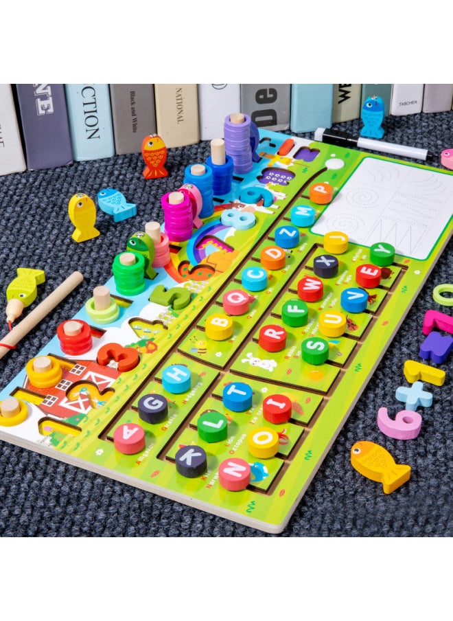Children's Wooden Early Education Puzzle Development Multi-functional Traffic Logarithmic Board Digital Cognitive Puzzle Building Block Toy-Color:qzy-four Moving Digit Board-letter 0.8