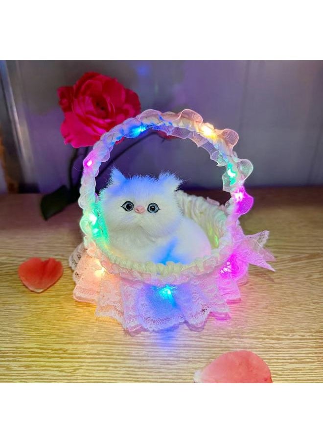 Handmade Lace Trimmed Basket Light Simulation Cat Panda Tourist Spot Gift Decoration Plastic Furry Material Static Model-Color:Blue Square Light Basket Yellow Head Called Cat