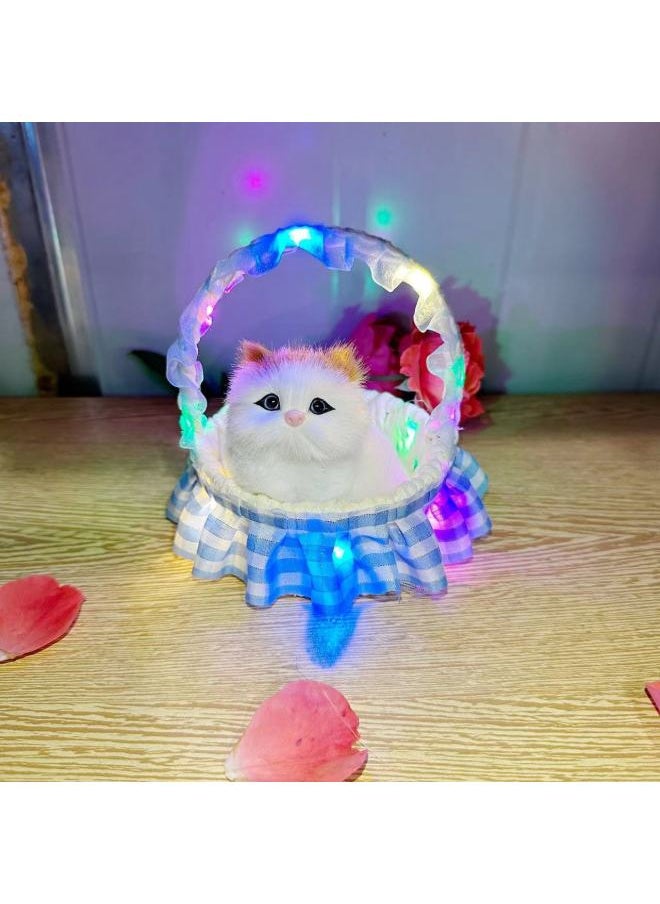 Handmade Lace Trimmed Basket Light Simulation Cat Panda Tourist Spot Gift Decoration Plastic Furry Material Static Model-Color:Blue Square Light Basket Yellow Head Called Cat