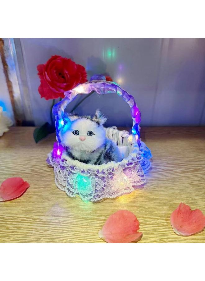 Handmade Lace Trimmed Basket Light Simulation Cat Panda Tourist Spot Gift Decoration Plastic Furry Material Static Model-Color:Blue Square Light Basket Yellow Head Called Cat
