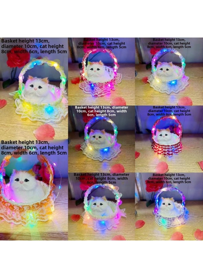 Handmade Lace Trimmed Basket Light Simulation Cat Panda Tourist Spot Gift Decoration Plastic Furry Material Static Model-Color:Blue Square Light Basket Yellow Head Called Cat