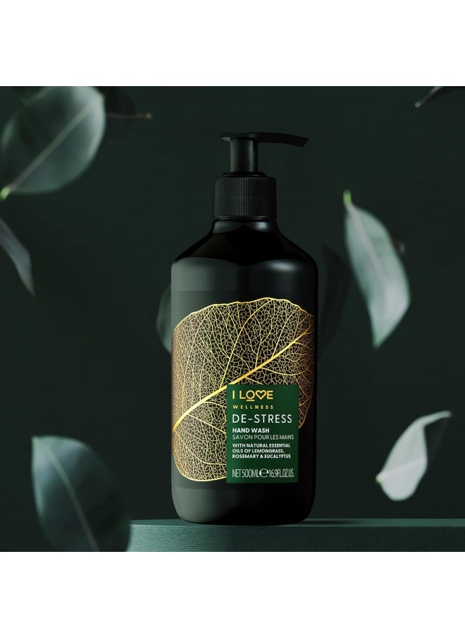 I Love Wellness De-Stress Hand Wash - Hydrating Hand Soap with Essential Oils - Naturally Fragranced with Lemongrass - With Vitamin E - 16.9 oz