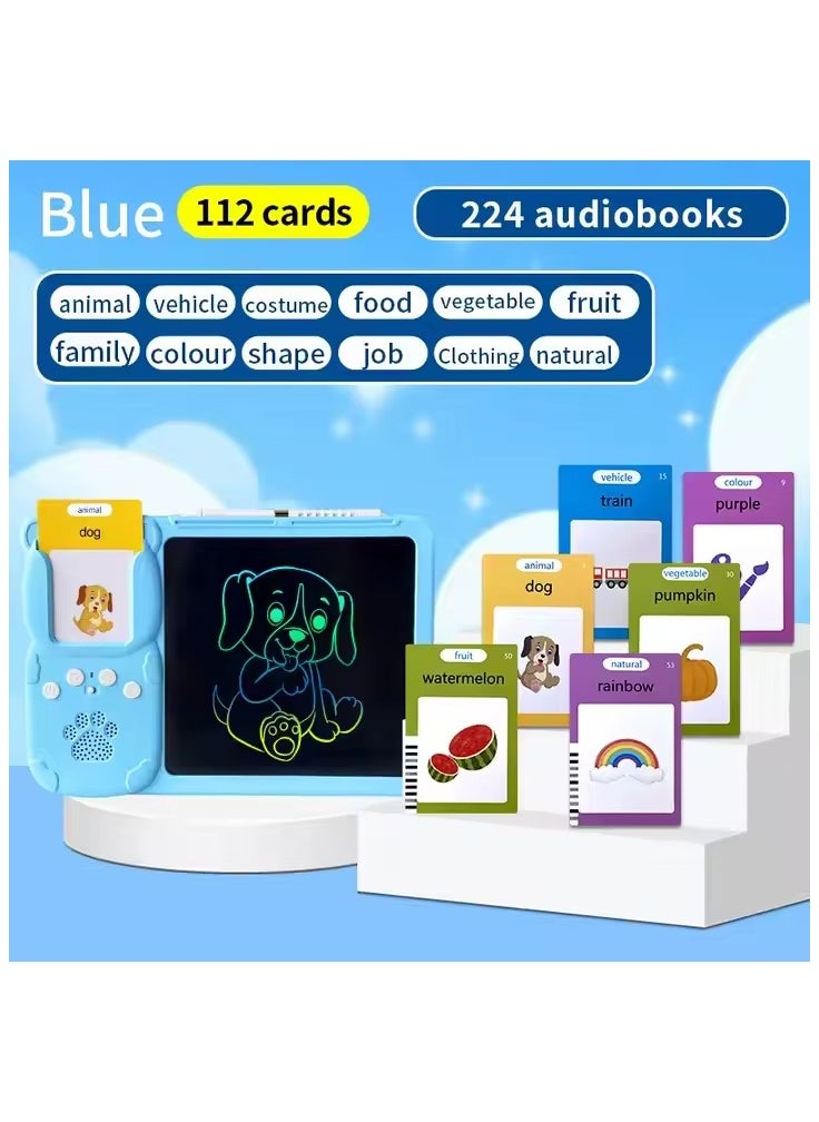 Talking Flash Cards LCD Writing Board, Smart Card Writing Board for kids,Educational Learning Tools with 112 cards with 224 words. Blue