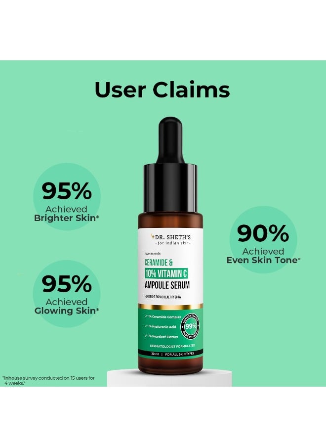 Non-Irritating Ceramide & 10% Vitamin C Ampoule Serum | Reduces Dullness & Dark Spots | Brightens & Repairs Skin Barrier | For Beginners | 99% Pure Grade Vitamin C | All Skin Types | 30 ml