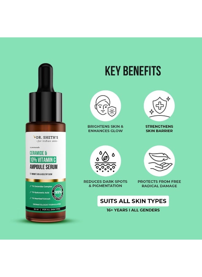 Non-Irritating Ceramide & 10% Vitamin C Ampoule Serum | Reduces Dullness & Dark Spots | Brightens & Repairs Skin Barrier | For Beginners | 99% Pure Grade Vitamin C | All Skin Types | 30 ml