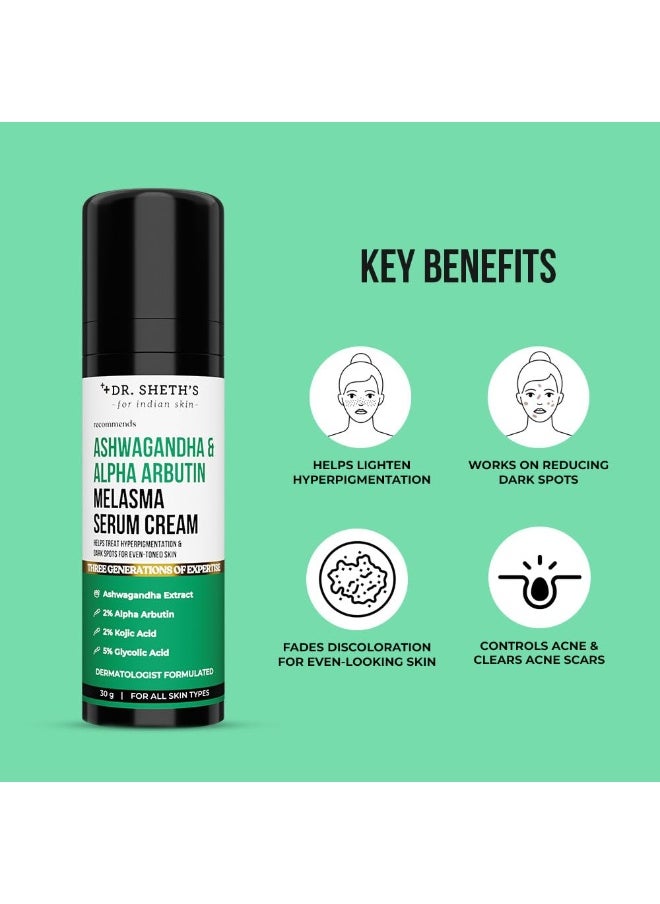 Ashwagandha & Alpha Arbutin Melasma Serum Cream- 30G |For Hyperpigmentation, Dark Spots & Sun Damage|Even Toned & Blemish Free Skin|Enriched With Glycolic Acid, Kojic Acid & Niacinamide