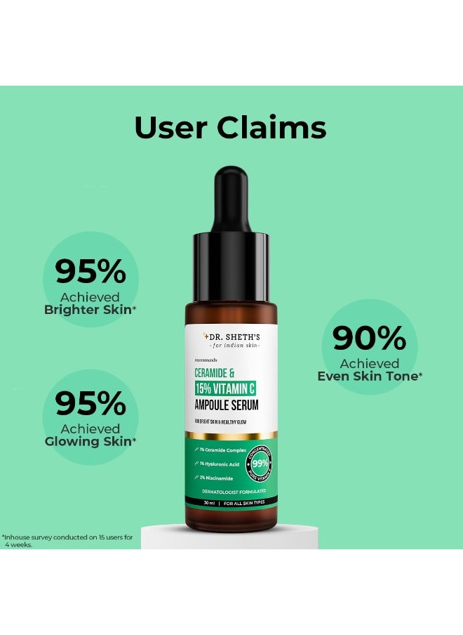 Non-Irritating Ceramide & 15% Vitamin C Ampoule Serum| Reduces Dullness & Dark Spots| Brightens & Repairs Skin Barrier |For Advance Users| 99% Pure Grade Vitamin C |All Skin Types |30 ml