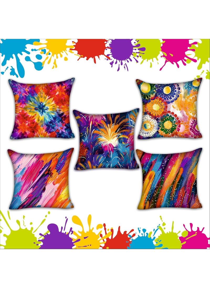 Party Baazaar Holi Decorative Printed CushionThrowPillow Covers Happy Holi Decoration Items for Home Pack of 5 Multi Color Size 16x16 inches