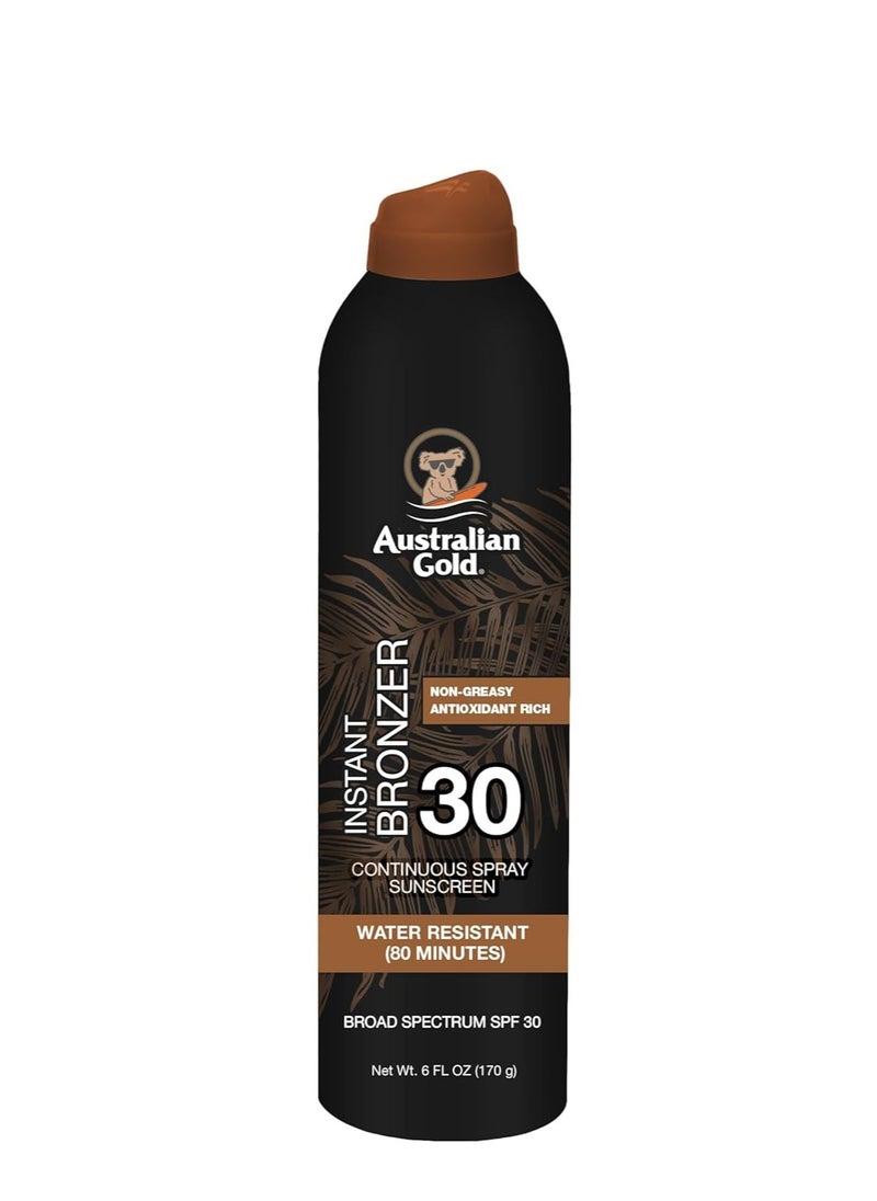 Australian Gold Continuous Spray Sunscreen with Instant Bronzer SPF 30, Immediate Glow & Dries Fast Water Resistant NonGreasy Oxybenzone Free Cruelty Free, Bronzer New, Orange, 6 Oz